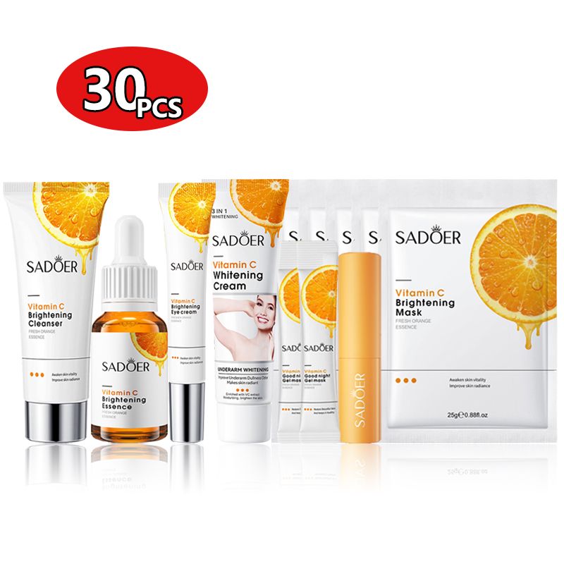 SADOER 30PCS Skin Care Set Vitamin C Whitening Moisturizing Gifts Set Face Vitamin C Serum + Face Cleanser + Eye Cream + 5PCS Brightening Masks + Underarm Whitening Cream + Lip Balm + 20PCS Gel Masks