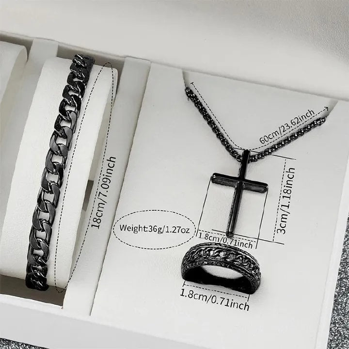 4PCS Men's Watch Set Black Men's Calendar Watch Titanium Steel Rings Bracelet Necklace Black Cross Necklace Set Not Easy to Fade Daily Wear Business Leisure