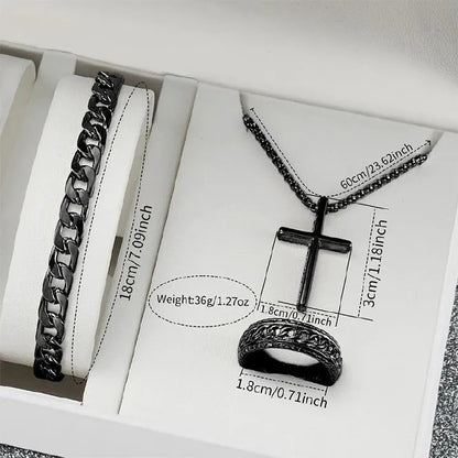 4PCS Men's Watch Set Black Men's Calendar Watch Titanium Steel Rings Bracelet Necklace Black Cross Necklace Set Not Easy to Fade Daily Wear Business Leisure