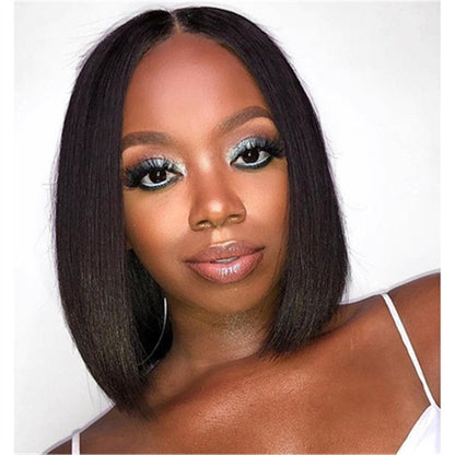 Women Black Middle Parted Short Straight Bobo Hair Wigs Synthetic High Temperature Silk Wigs