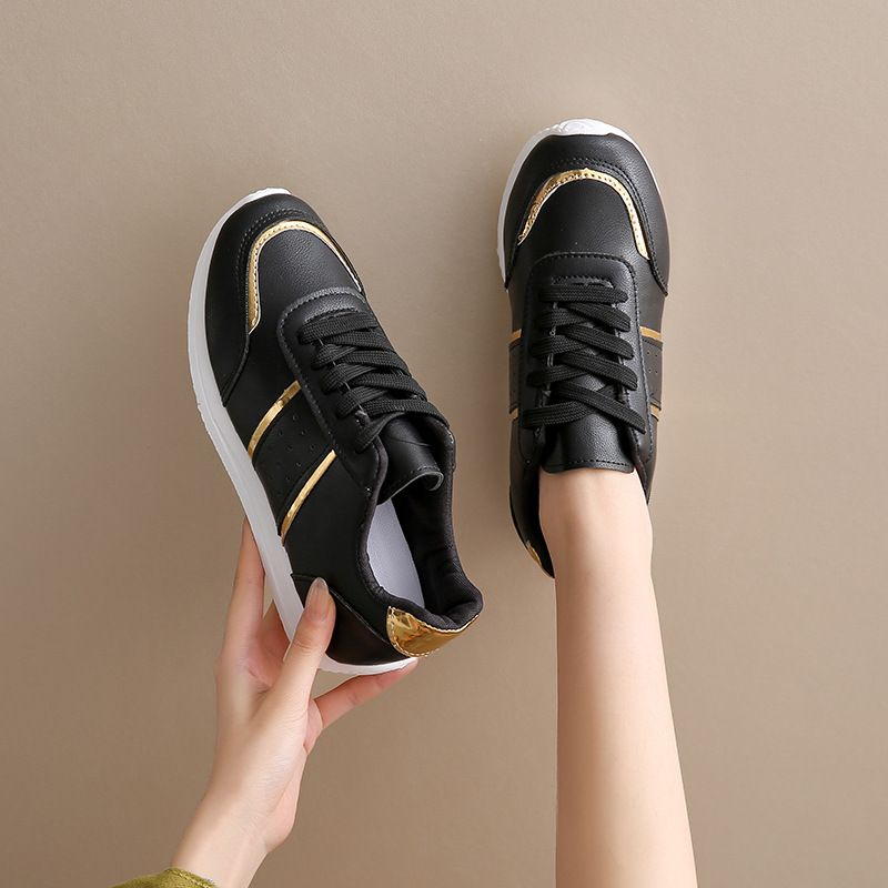 Size 38-42 women's PU artificial leather shoes students black shoes ladies running shoes girls board shoes athletic flat fashion casual sports shoes black golden