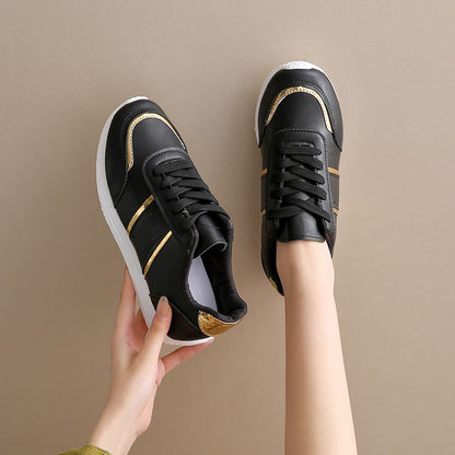 Size 38-42 women's PU artificial leather shoes students black shoes ladies running shoes girls board shoes athletic flat fashion casual sports shoes black golden