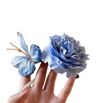 Fashion Simulation Butterfly Rose Pearl Hair Clip Luxury Retro Blue Flower Hair Accessory Hair Clips for Girls Women Bow Gift