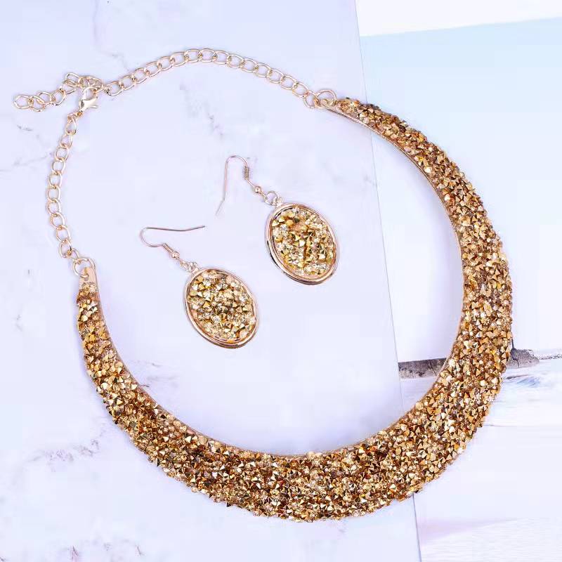 Metal Full Rhinestone Fake Collar Necklace Earrings Necklaces & Pendants MMSHOP 2 pieces/set European and American Fashion Gold as price