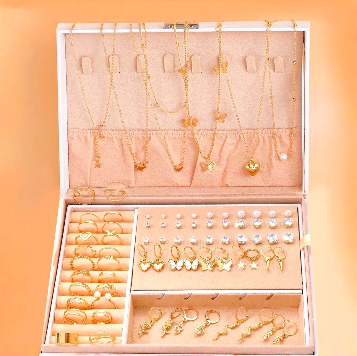 76PCS Luxury Jewelry Set Butterfly Necklace Set Butterfly Ring And Earring Set Diamond And Pearl Earnail Set Elegant Zircon Pendant Earring Ring Necklace Women's Daily Jewelry Gift For Friends