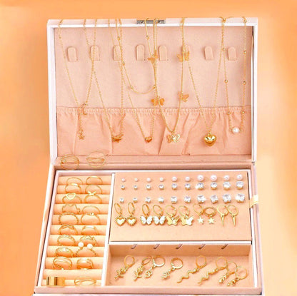 76PCS Luxury Jewelry Set Butterfly Necklace Set Butterfly Ring And Earring Set Diamond And Pearl Earnail Set Elegant Zircon Pendant Earring Ring Necklace Women's Daily Jewelry Gift For Friends