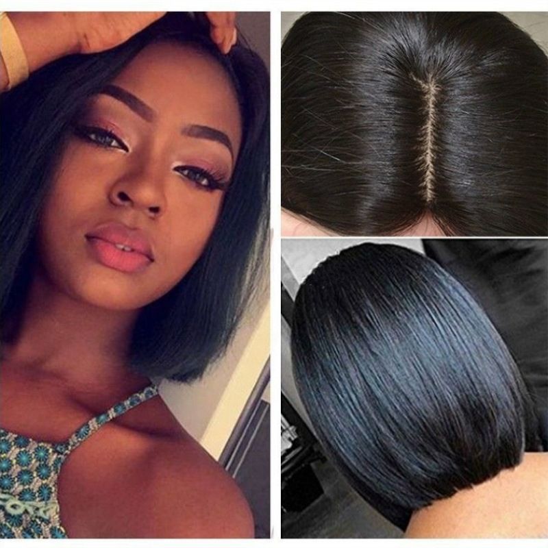 Women Black Middle Parted Short Straight Bobo Hair Wigs Synthetic High Temperature Silk Wigs