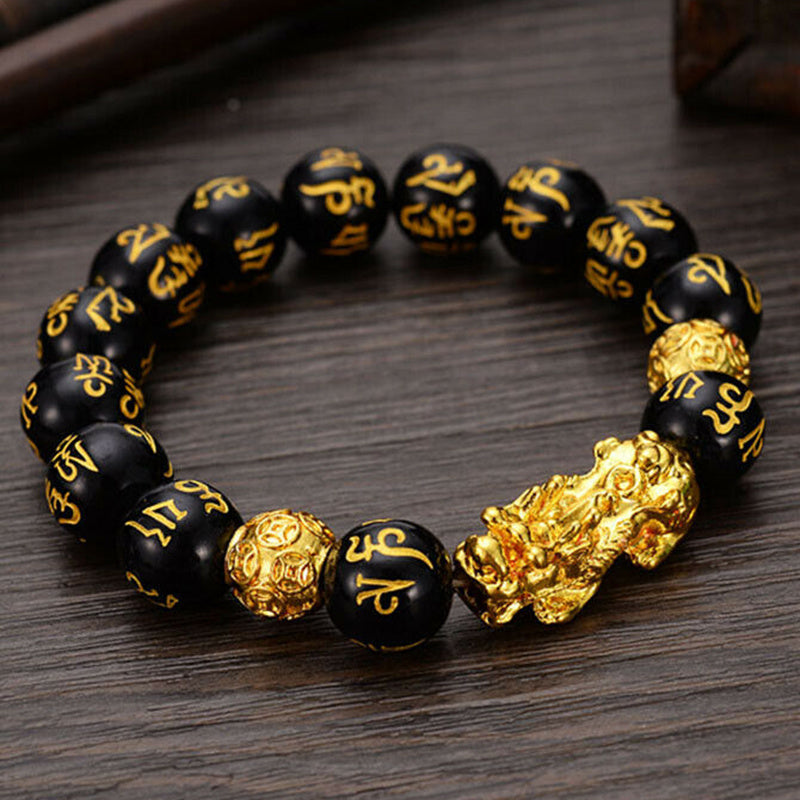 Feng Shui Obisidian Stone Beads Bracelet Men Women Wristband Gold Color Pixiu Black Six Character Proverbs Wealth and Good Luck