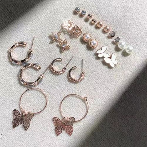 12-Pair Fashion Premium Sense Classic Stud Earrings Set Set Woman Butterfly Peach Heart Set Diamond Earrings Wholesale New Arrival Gift Christmas Black Friday Valentine's Day