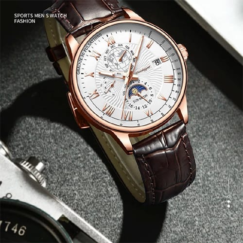 New Arrivals 2025 Men Watches Fashion Top Luxury Luminous Calendar Men's Sport Watch Quartz Male Wristwatch Moon Phase Leather Strap Wrist Watch Date Watches Man clock