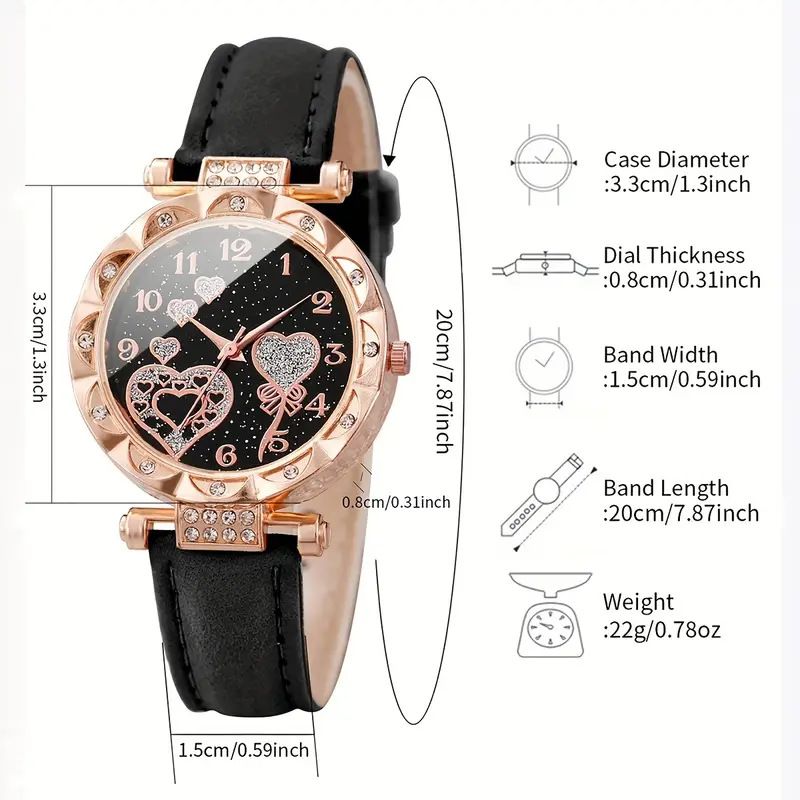 6PCS Ladies Watch Jewelry Set Watch Ring Necklace Earrings Bracelet Set Pink Crystal Waterproof Watch Set Wristwatch Ladies' Love Dial Quartz Watch Can Be Used As Romantic Gift Or Prop Shooting