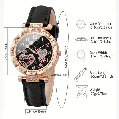 6PCS Ladies Watch Jewelry Set Watch Ring Necklace Earrings Bracelet Set Pink Crystal Waterproof Watch Set Wristwatch Ladies' Love Dial Quartz Watch Can Be Used As Romantic Gift Or Prop Shooting