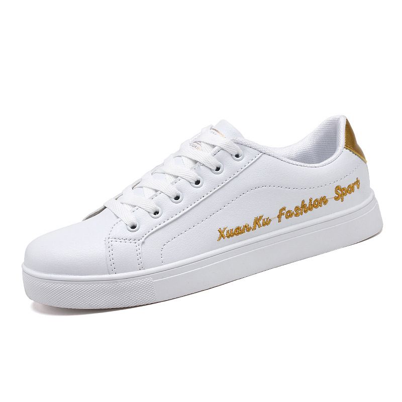Men's casual PU artificial leather shoes Boys white sports shoes fashion running shoes driving shoes students single shoes athletic skateboarding shoes sneakers white + gold