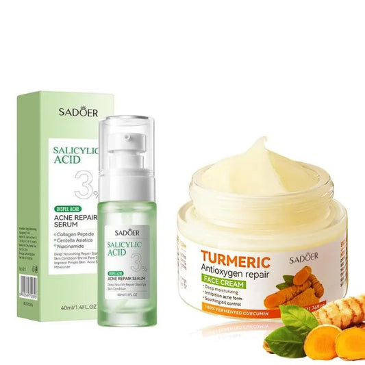 2 in 1 SADOER Set, Acne Repair Serum with 3% Salicylic Acid Collagen Peptide and Niacinamide, Centella Asiatica + Turmeric Cream Anti-oxygen Tumeric, Can add Vitamin C, Remove Acne, Moisturize Face