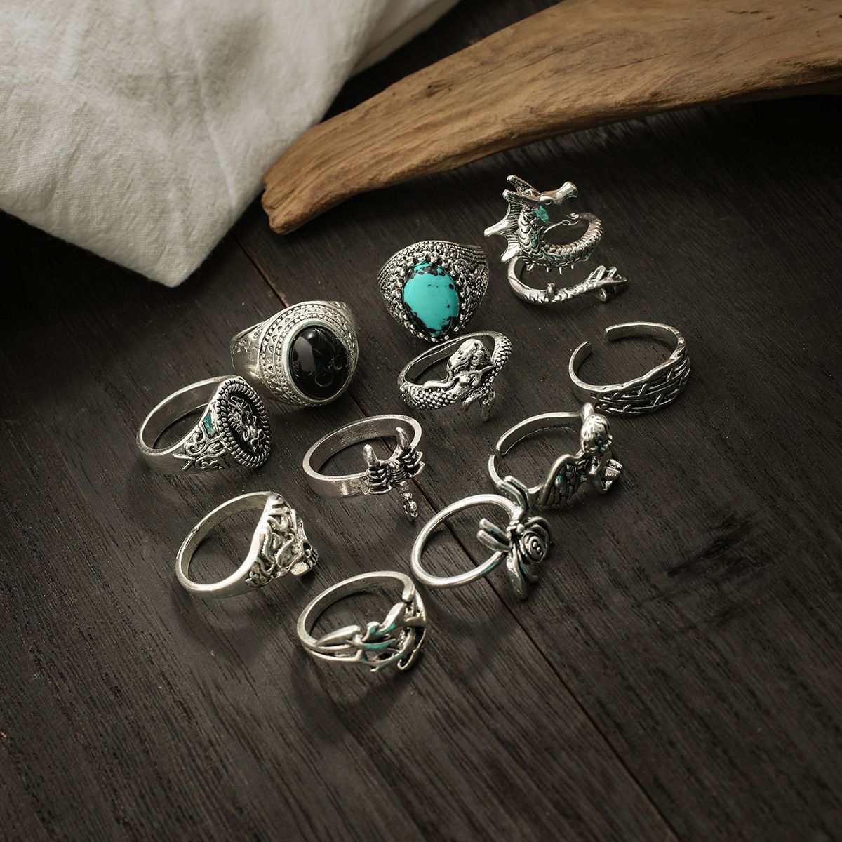 11Pcs Fashion Design Sense Niche Premium Ring Turquoise Men's Ring Set