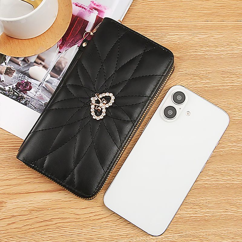 Classic Ladies Clutch Bag Mobile Phone Bag PU Black Long Wallet Card Holder