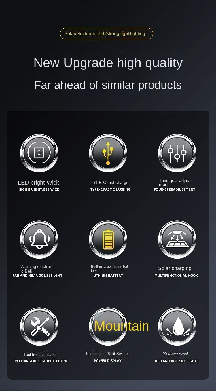 Solar Bicycle Light Multi-Functional Solar-Powered and USB Rechargeable Battery Mountain Bike Night Cycling High Brightness Light Bike Front Light and 120dB Horn Bicycle Charging Light