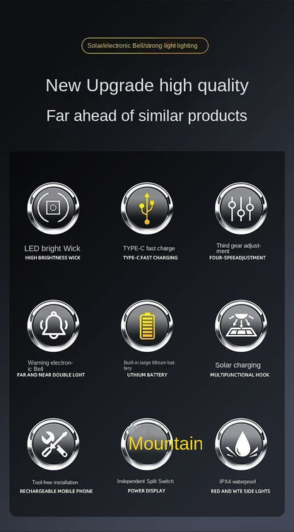 Solar Bicycle Light Multi-Functional Solar-Powered and USB Rechargeable Battery Mountain Bike Night Cycling High Brightness Light Bike Front Light and 120dB Horn Bicycle Charging Light