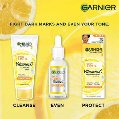 【Discounted】Garnier Eventone Day Routine Kit: Even & Matte Vitamin C Cleansing Foam 50ml + Serum 15ml+ Sunscreen Spf 30 50ml
