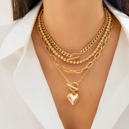 Hip hop bead necklaces women's set geometric OT buckle short metal heart necklace