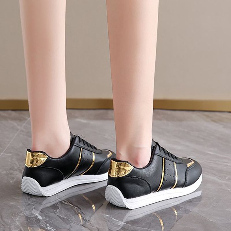 Size 38-42 women's PU artificial leather shoes students black shoes ladies running shoes girls board shoes athletic flat fashion casual sports shoes black golden