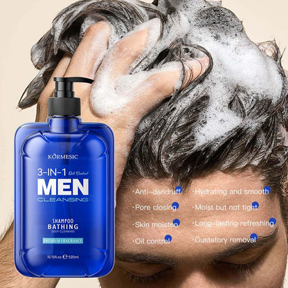 520ml Men's 3-in-1 Shower Gel, Shampoo & Face Wash | Multi-Purpose Body Wash with Micron-Level Foam to Eliminate Stickiness & Sweat Odor for Soft, Smooth Skin Oil control