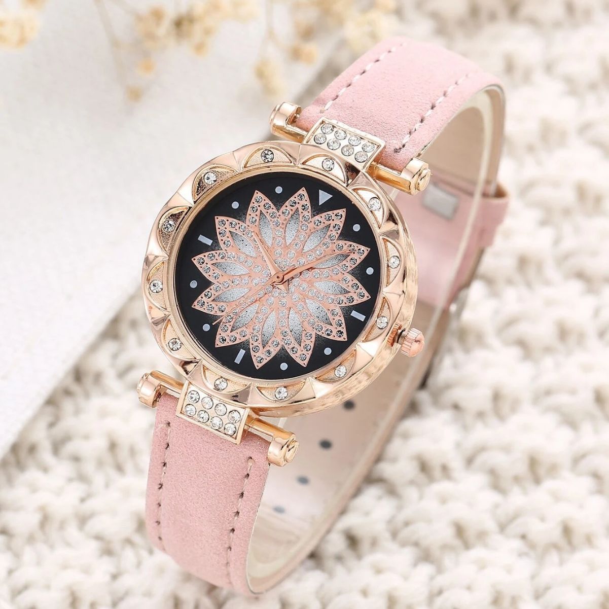 Popular Fashion 5 Set Pink Women Watch Ring Necklace Earrings Bracelet Set Watches Luxury Crystal Butterfly Leather Strap Ladies Quartz WristWatch (With Box)