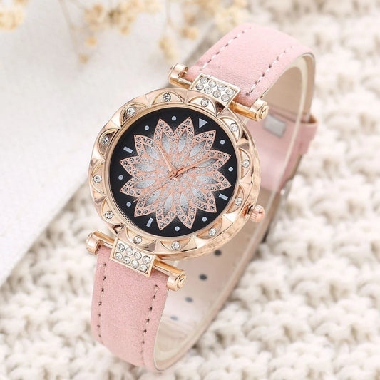 Popular Fashion 5 Set Pink Women Watch Ring Necklace Earrings Bracelet Set Watches Luxury Crystal Butterfly Leather Strap Ladies Quartz WristWatch (With Box)