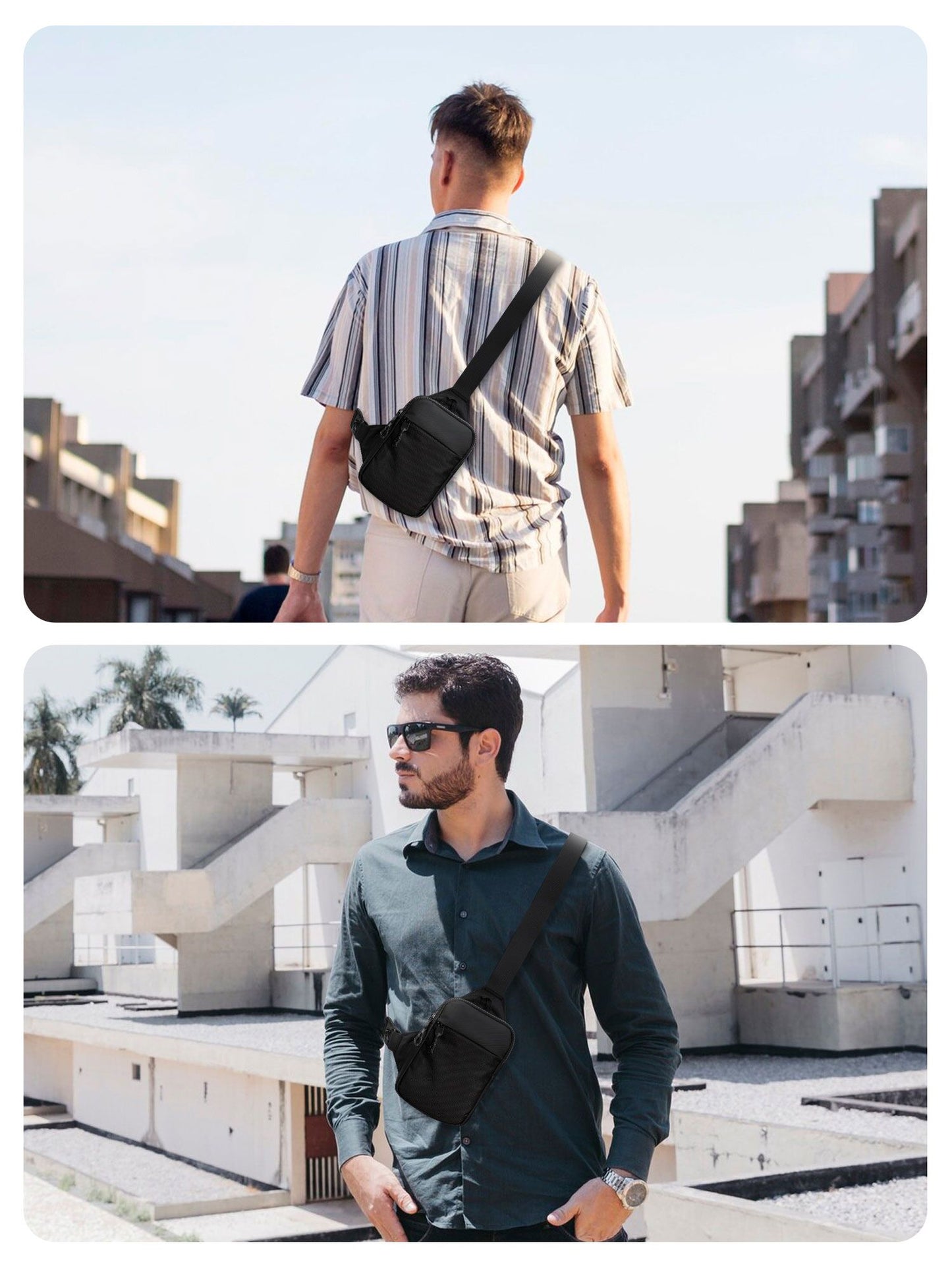 Mini Crossbody Sling Bag Chest Bag Dual Pocket Water Resistant Fanny Pack Running Phone Holder for Men Women Workout Travelling