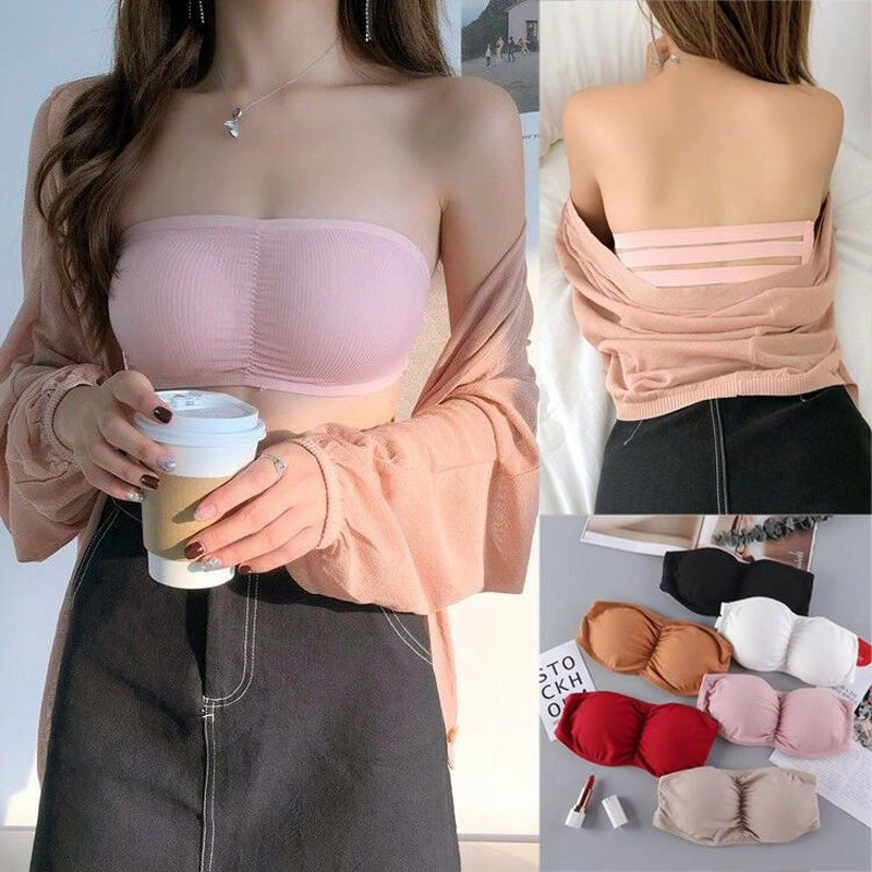 Women Strapless Ruched Push Up Bra Padded Hollow Out Backless Wireless Underwear Bandeau Thread Ribbed Adjustabable Bralette Lingerie