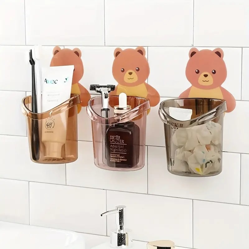 3pc Toothbrush Holders Cup Holders Storage Rack Bear Mug Household Punch-free Traceless Adhesive Suitable For Bathroom