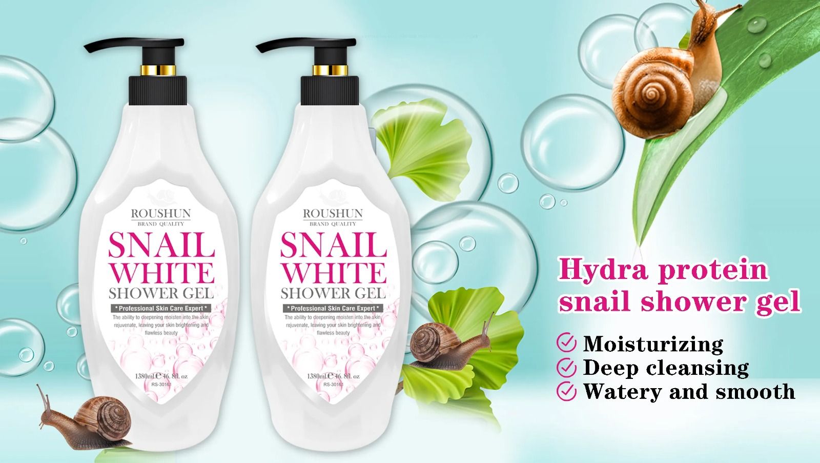 2 Packs Roushun Snail White Shower Gel -1380ml X 2 Body Fast Whitenng Shower Gel Deeply Cleanses Rich and Creamy blend Softer Skin After Wash Roushun Snail White Shower Gel 1380ml X 2