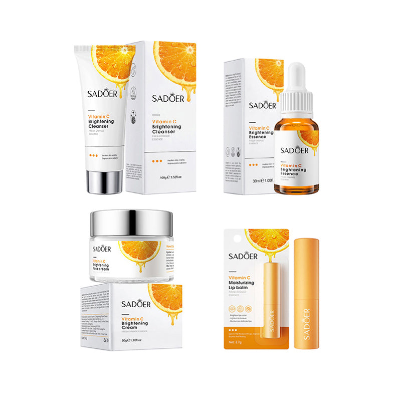 4 in 1 Vitamin C Serum, Lip balm，Vitamin C Brightening Facial Cleanser and Vitamin C Face Brightening Cream Skin Care Kit Anti Wrinkles,Moisturizing, Anti Aging, Fade Dark Spots, Anti Acne Brightenin