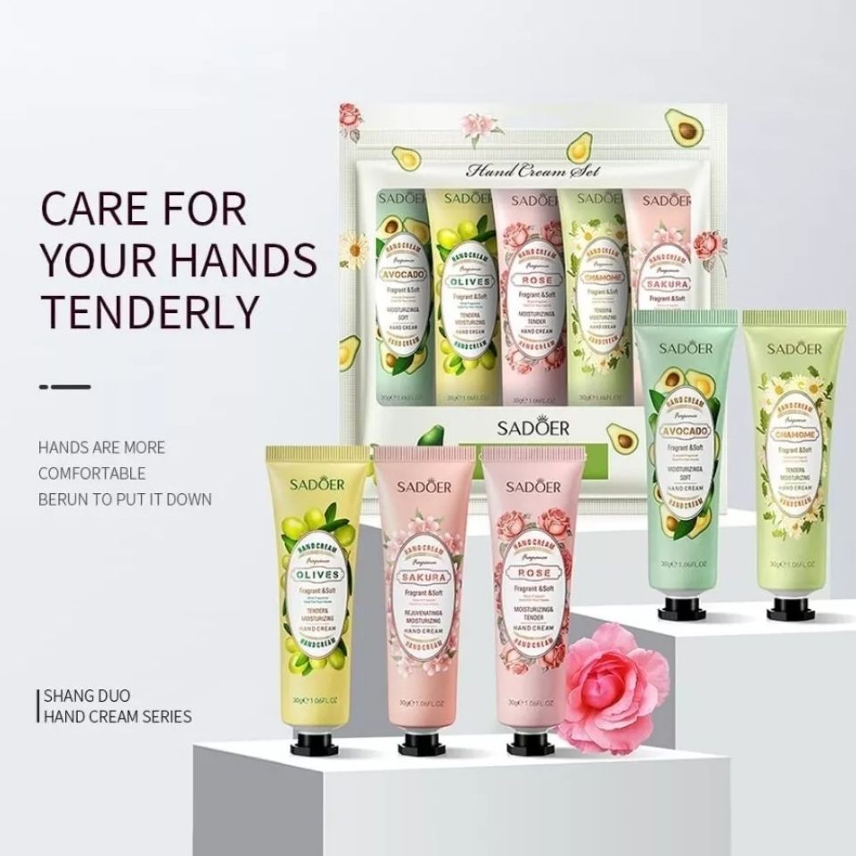 5PCs Sadoer Moisturizing Hand Cream Set Flower & Fruit Sakura Chamomile Rose Avocado Olives