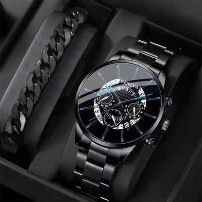 2PCS Black New Popular Watches Fashion Men's Casual Watches Luxury Calendar Quartz Watches Business Watches Men's Clocks Bracelet Set