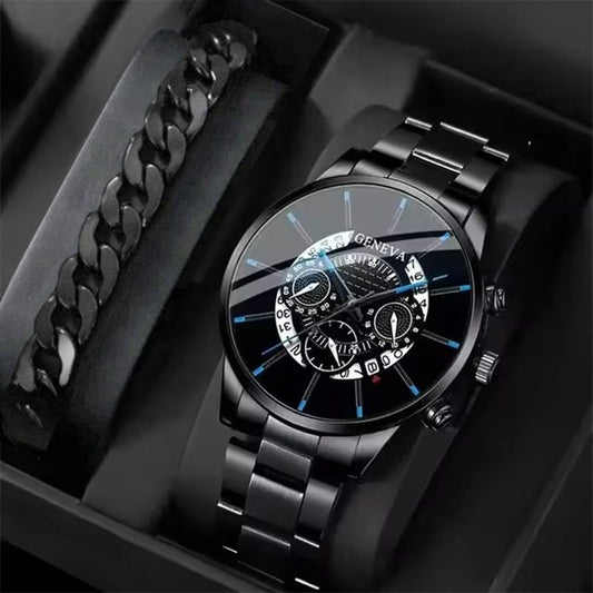 2PCS Black New Popular Watches Fashion Men's Casual Watches Luxury Calendar Quartz Watches Business Watches Men's Clocks Bracelet Set