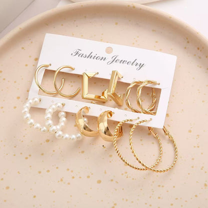 6 pairs of earring set New vintage pearl earrings set 6 pairs of stylish personality creative metallic earrings several shape earrings for women