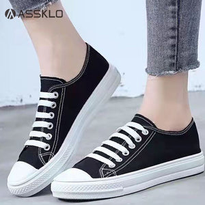 ASSKLO Flats shoes flat heel low top solid color black women's canvas small white shoes versatile version Black shoes