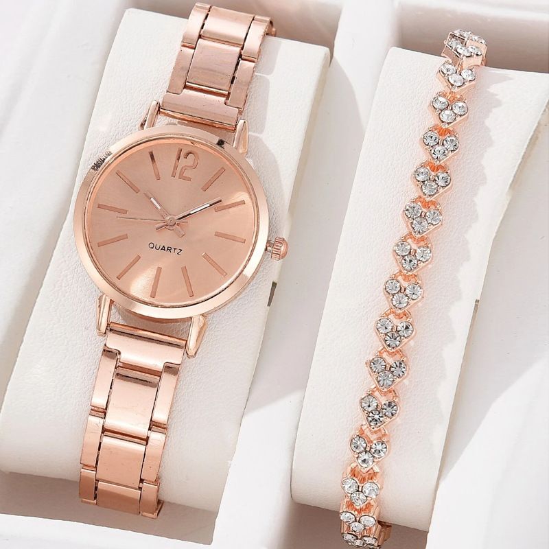 2pcs Luxury Women Rhinestone Rose Gold Watch Fashion Ladies Quartz Diamond Wristwatch Elegant Female Bracelet Watches Set Gift