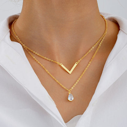 New V-Shaped Water Drop Zircon Necklace 2-Piece Set Creative Simple Geometric Niche Necklace Set Women