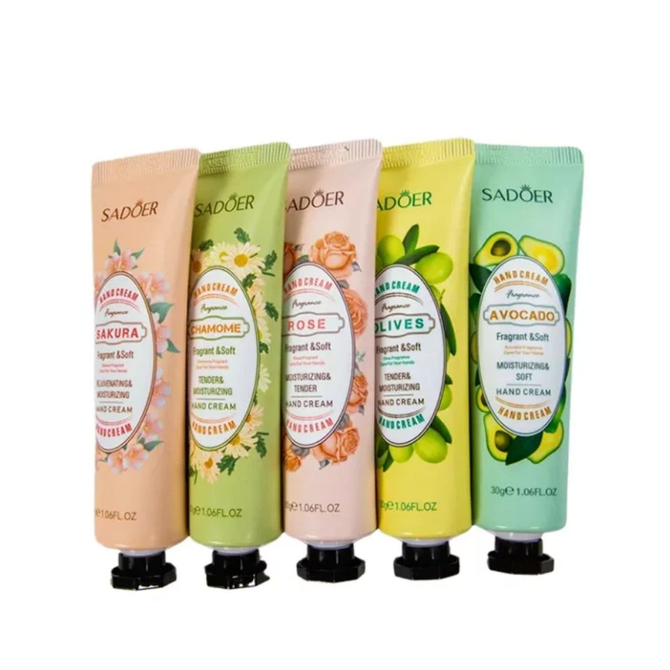 5PCs Sadoer Moisturizing Hand Cream Set Flower & Fruit Sakura Chamomile Rose Avocado Olives