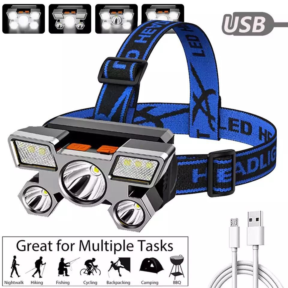 5 LED Strong Light Headlight USB Charging Waterproof Flashlight Multi-speed Adjustment Headlamp Suitable For Long Shot Outdoor Camping Hiking Fishing Hunting Mining Lamp Fishing Lanterns & Lights