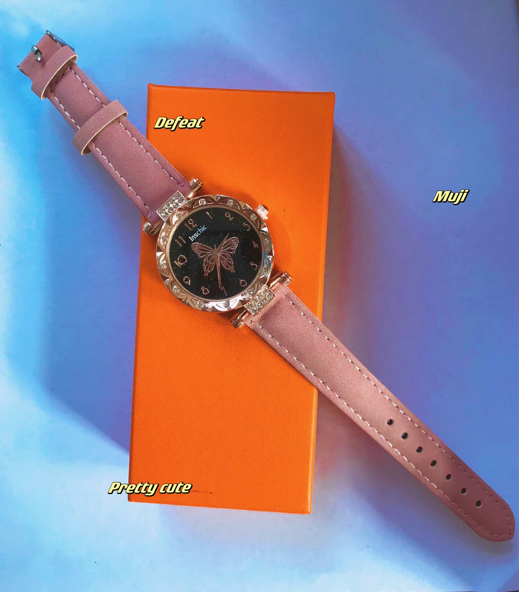 Popular Fashion 5 Set Women Watch Ring Necklace Earrings Bracelet Set Watches Luxury Crystal Butterfly Leather Strap Ladies Quartz WristWatch (With Box)