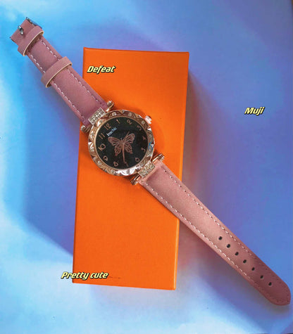 Popular Fashion 5 Set Women Watch Ring Necklace Earrings Bracelet Set Watches Luxury Crystal Butterfly Leather Strap Ladies Quartz WristWatch (With Box)