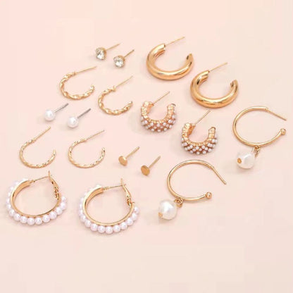 9 pairs of earring set New inlaid imitation pearl earrings exaggerated personality creative French retro gold earrings set 9-piece women's fashion accessories jewelry