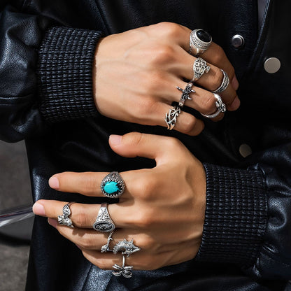 11Pcs Fashion Design Sense Niche Premium Ring Turquoise Men's Ring Set