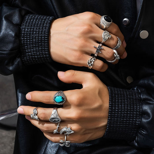 11Pcs Fashion Design Sense Niche Premium Ring Turquoise Men's Ring Set