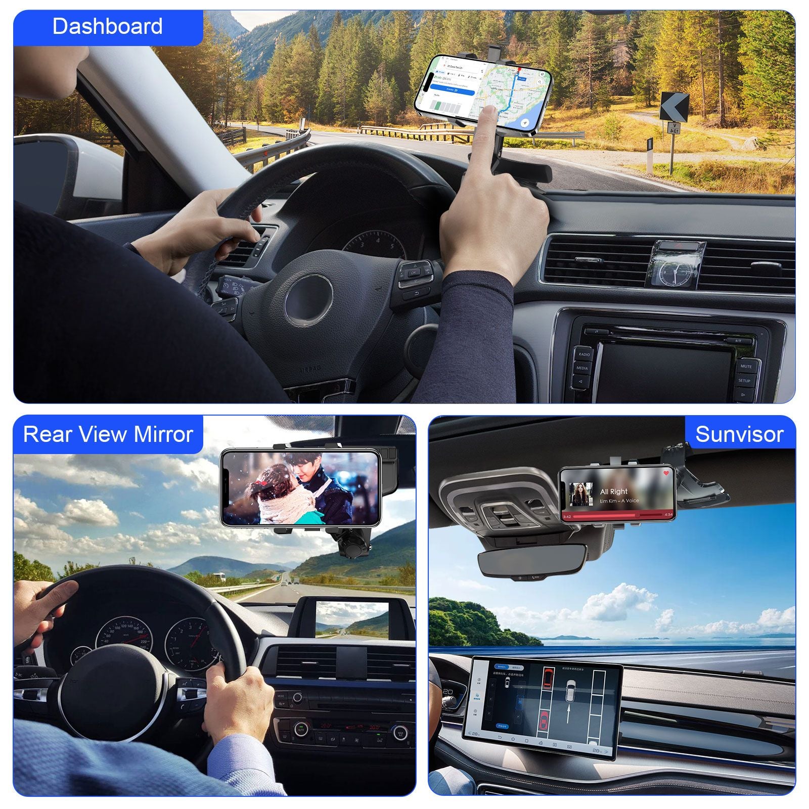 Car Phone Holder, 360 Degree Rotating Dashboard Car Phone Mount with Adjustable Spring Clip for 4-7in Smartphones