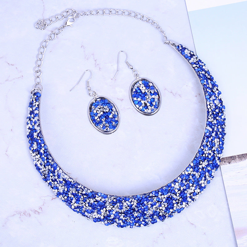 Metal Full Rhinestone Fake Collar Necklace Earrings Necklaces & Pendants MMSHOP 2 pieces/set European and American Fashion Gold as price