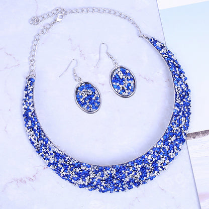 Metal Full Rhinestone Fake Collar Necklace Earrings Necklaces & Pendants MMSHOP 2 pieces/set European and American Fashion Gold as price